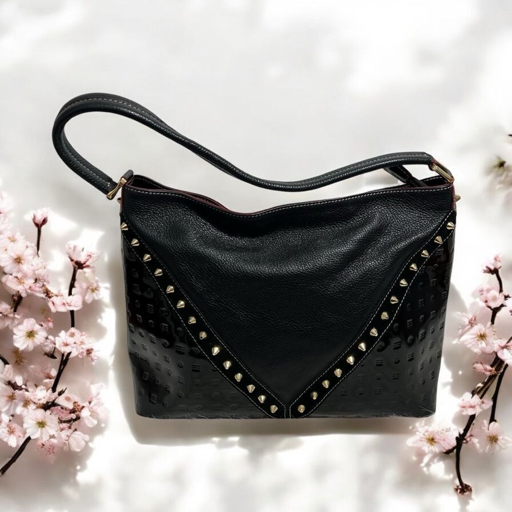 NWT Arcadia Made in Italy Black Patent Leather‎ Gold Studded Bag